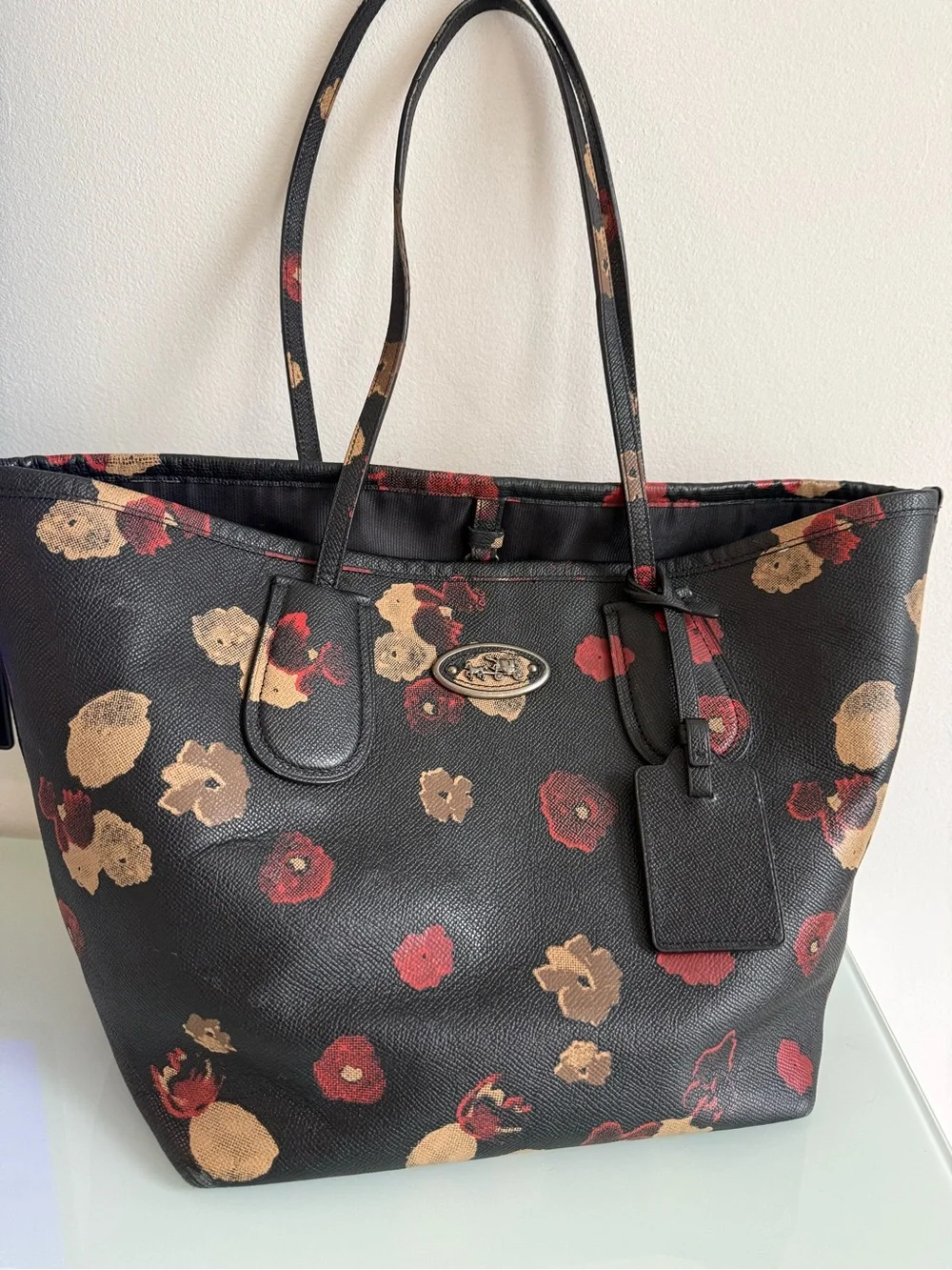 Coach Black Floral Tote with Red and Tan Bloom Print